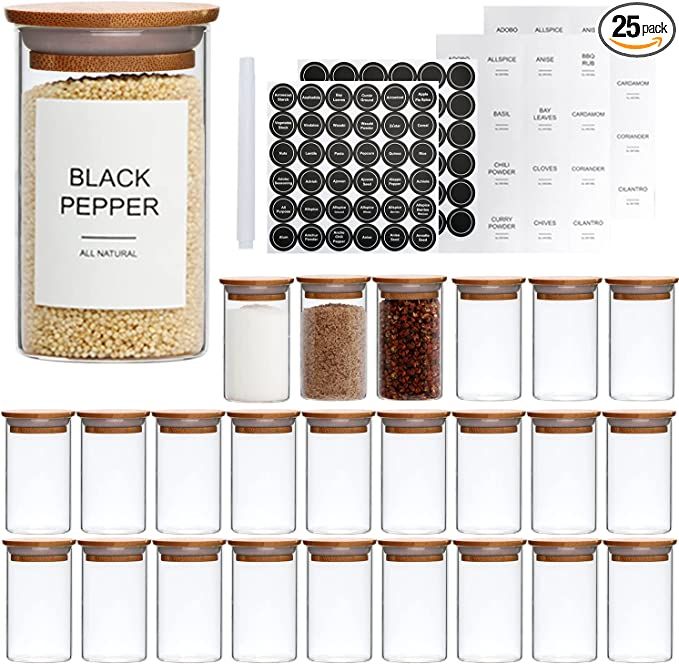 Datttcc 25 Pack Glass Spice Jars with Bamboo Lids-3.3 OZ Spice Jars with Labels and Chalk Marker-... | Amazon (US)