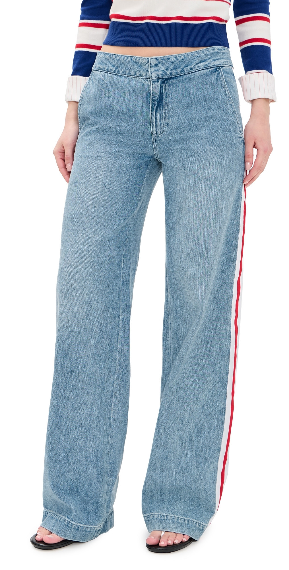 ALICE + OLIVIA Xander Low Rise Racing Stripe Jeans Edie Wash/Off White/Chili Pepper 24 | Shopbop