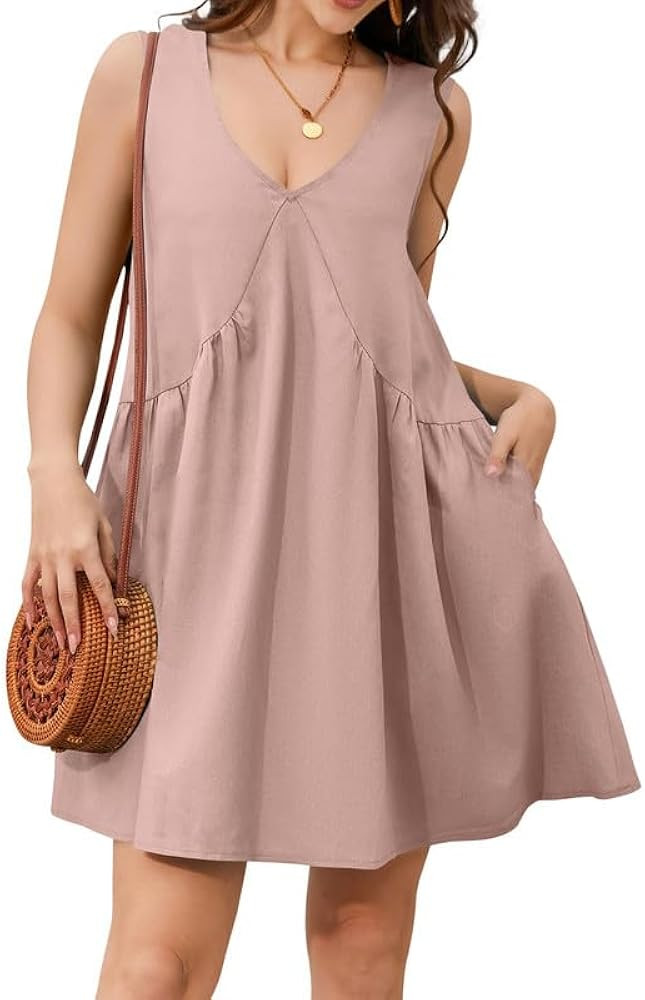 Womens Summer Mini Casual Dress Sleeveless V Neck Solid Color Loose Babydoll Sundress with Pocket... | Amazon (US)