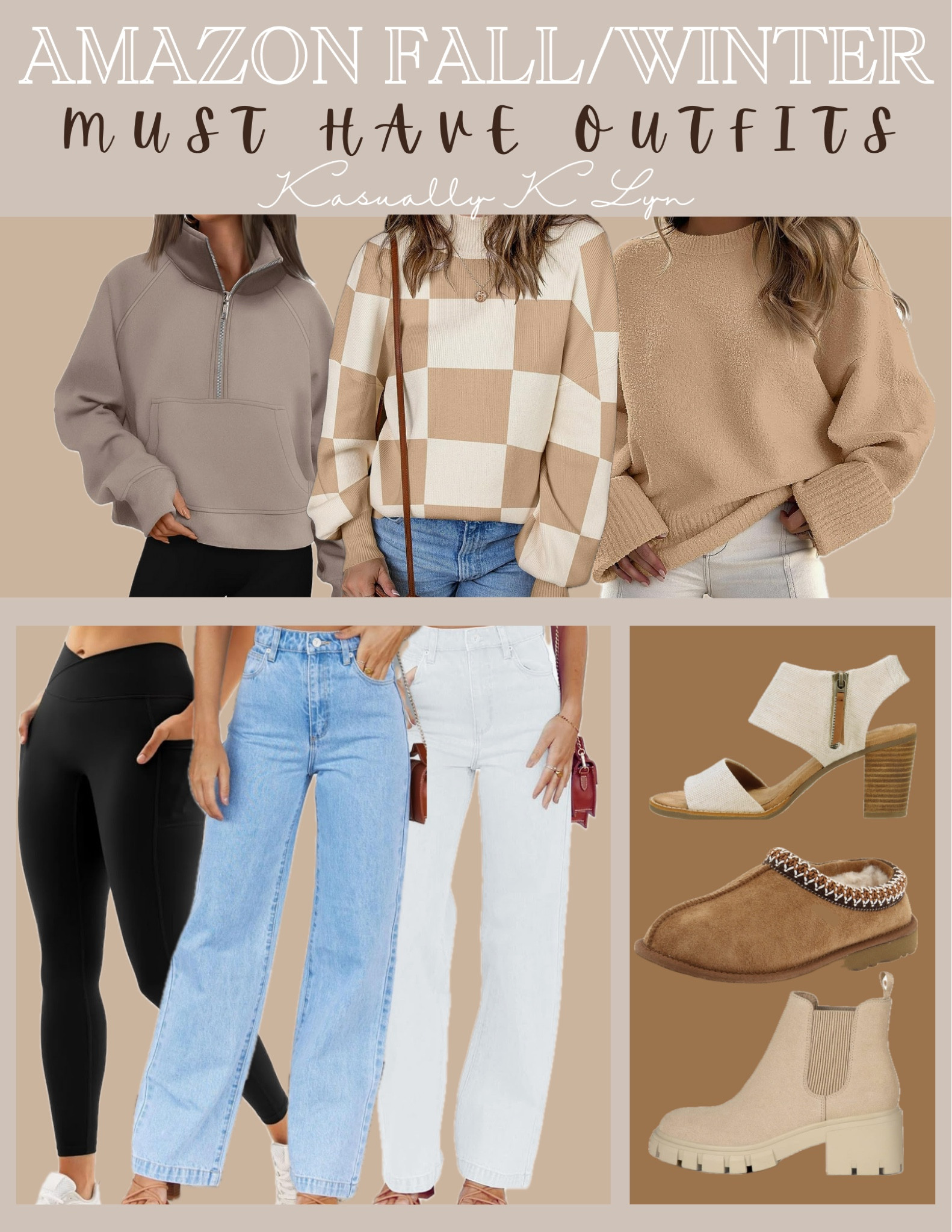 Athletic pullover, checkered sweater top, plain tan sweater staple, crossover leggings, clean light washed denim, white denim jeans, outdoor slippers, beige ankle boots, heeled white sandals. 

#Fall Outfits

#LTKfitness #LTKSeasonal #LTKHolidaySale