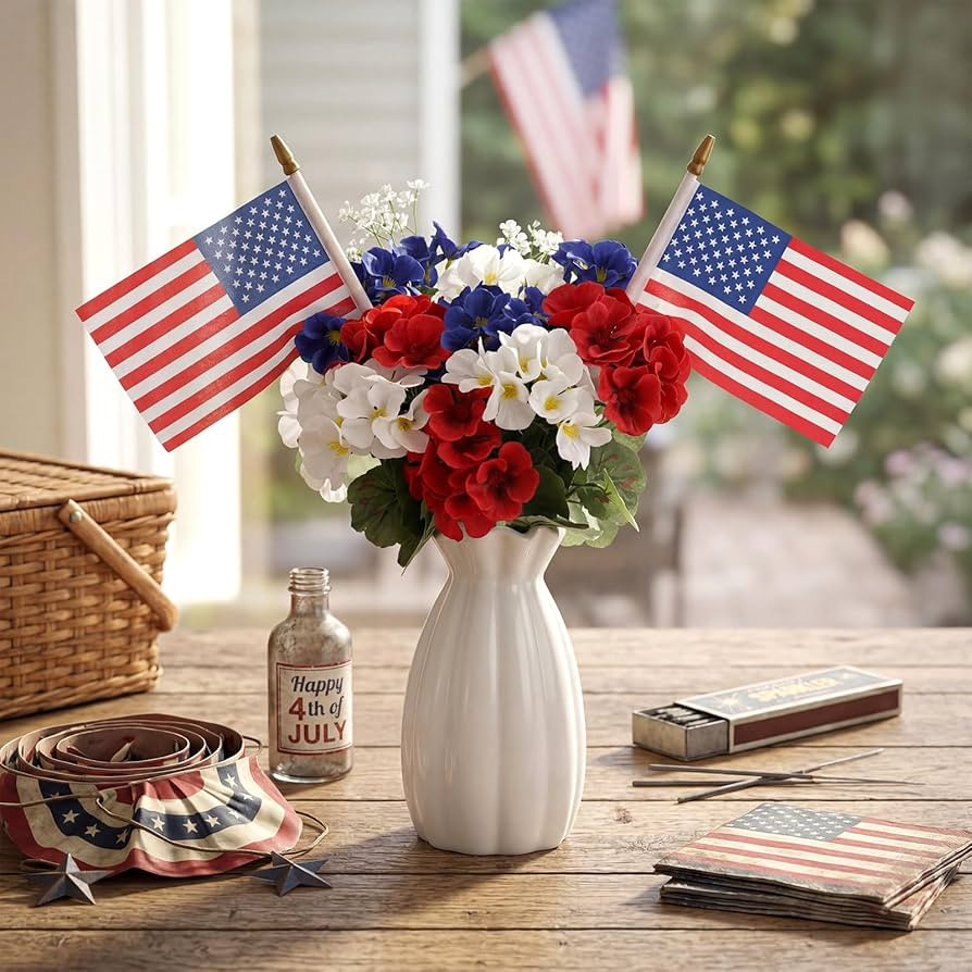 Amazon.com: Tigeen 14 Pcs 4th of July Decor Red White Blue Artificial Flower Patriotic Decoration Artificial Geranium with 2 Flag 250th Anniversary Table Centerpieces for Memorial Veterans Independence Day Decor : Home & Kitchen | Amazon (US)