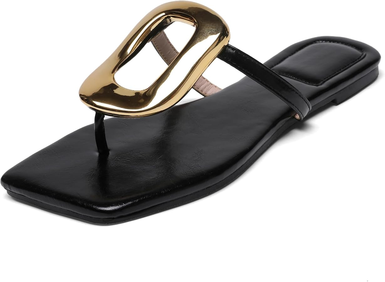 Flip-Flops Sandals for Women Comfortable Open Square Toe Slip on Beach Thong Sandals Casual Fashi... | Amazon (US)