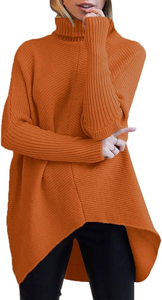 ANRABESS Womens Turtleneck Oversized Sweater 2023 Long Batwing Sleeve Asymmetric Hem Casual Knit ... | Amazon (US)