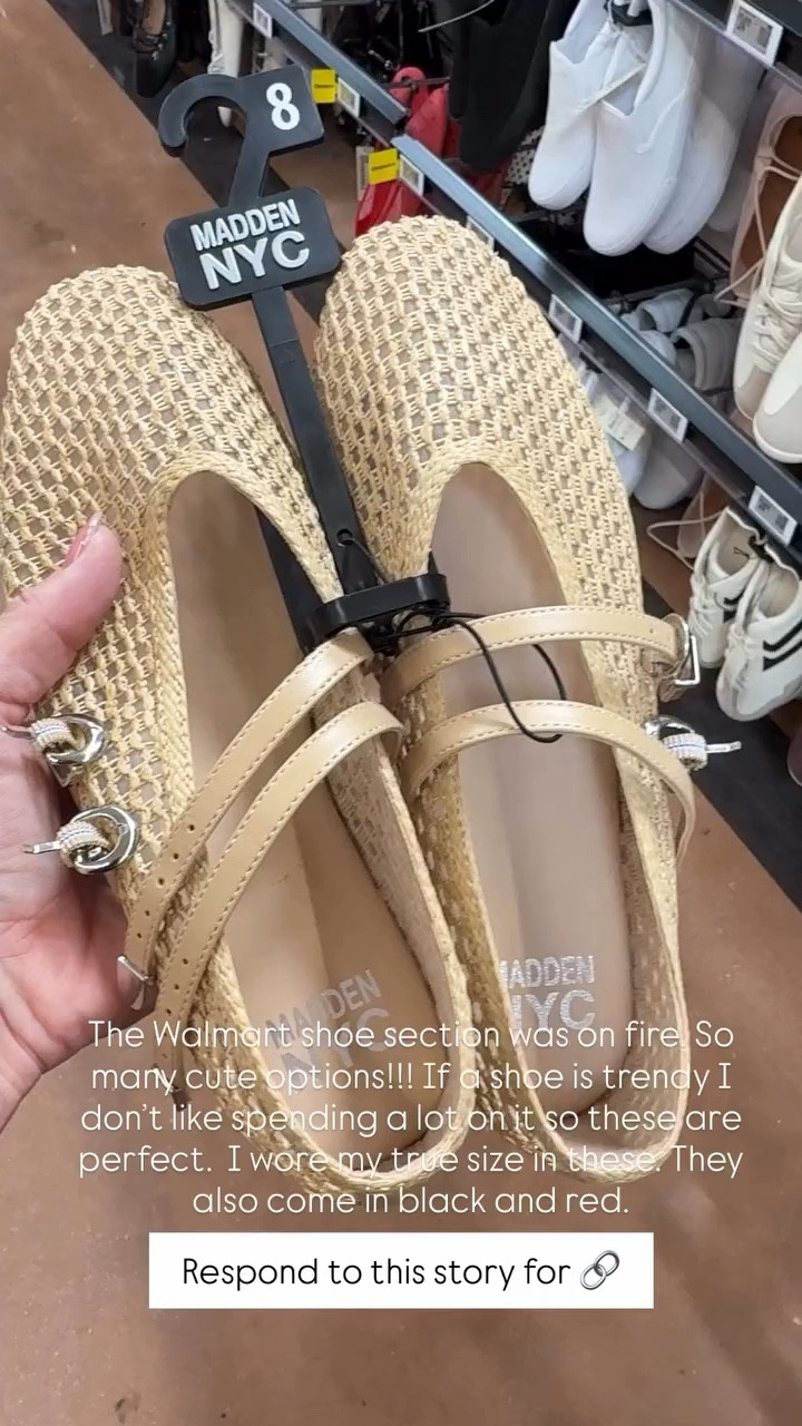 The Walmart shoe section was on fire. So many cute options!!! If a shoe is trendy I don’t like spending a lot on it so these are perfect.  I wore my true size in these. They also come in black and red.  Respond to this story for 🔗