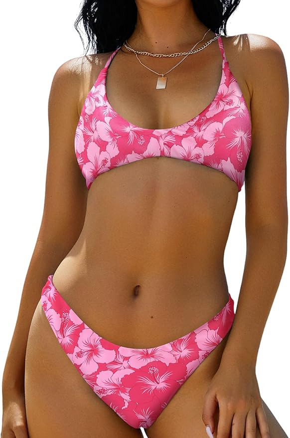 ZAFUL Women's Tie Back Padded High Cut Bralette Bikini Set Two Piece Swimsuit | Amazon (US)