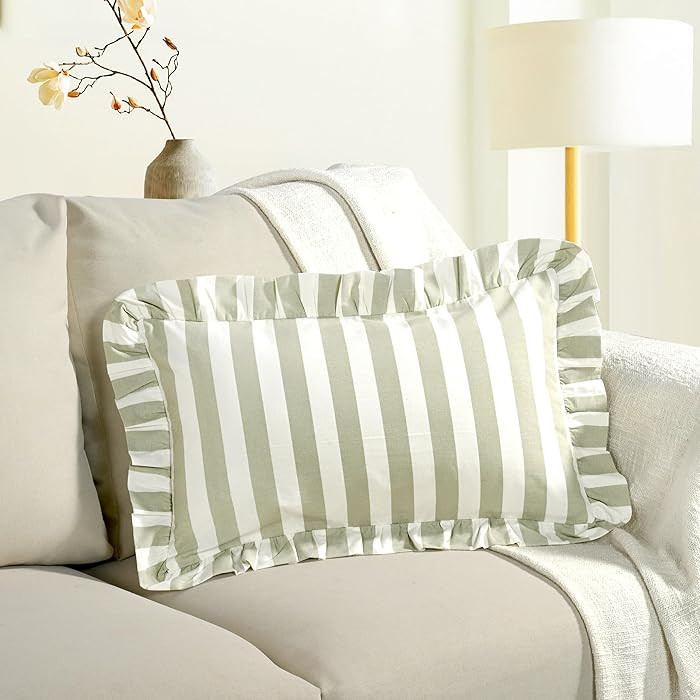 CPC Grey Striped Hand Block Print Cotton Ruffle Decorative Sham Covers with Hidden Zipper 20" x 1... | Amazon (US)