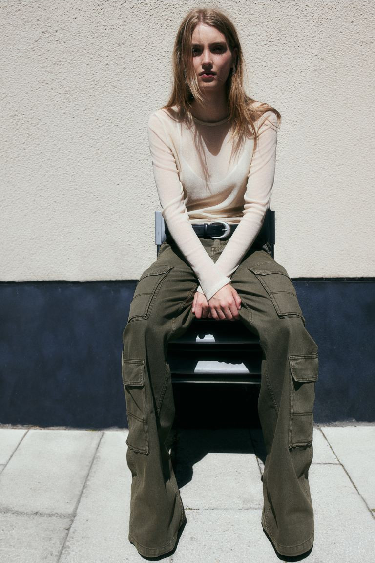 Wide-leg Cargo Pants - Regular waist - Long - Dark khaki green - Ladies | H&M US | H&M (US + CA)
