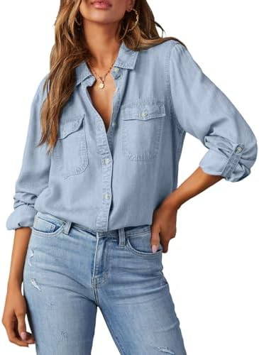Astylish Women Denim Button Down Shirts Chambray Blouse Top | Amazon (US)
