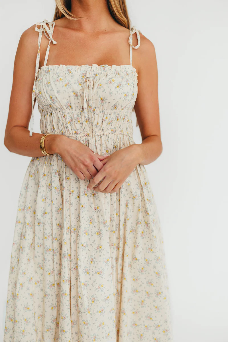 Lila Ruched Floral Maxi Dress in Vintage Cream | Worth Collective