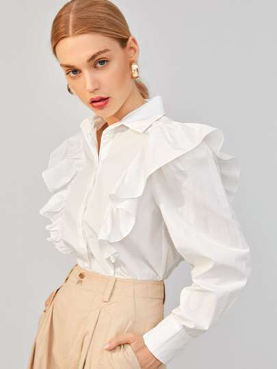 SHEIN Ruffle Trim Solid Blouse | SHEIN