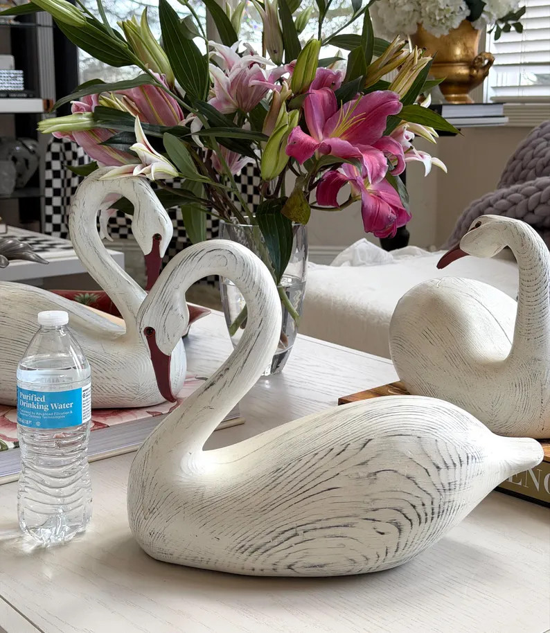 Hand-Carved Swan Sculpture-Rustic White Painted Wood Bird Decor | Etsy (US)