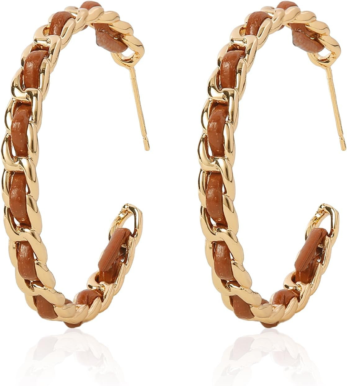Golden Hoop Earrings for Women Lightweight Large C Hoops 14K Gold Plated 925 Sterling Silver Post Woven Leather Dangling Chains Boho Y2K Tribal Statement Jewelry Gift 37MM | Amazon (US)