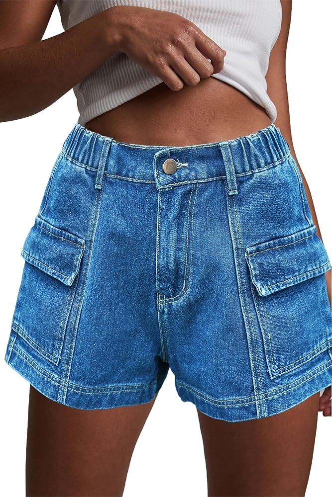 HVEPUO Womens High Waisted Cargo Jean Shorts Y2K Casual Summer Denim Shorts Elastic Waist Pull On... | Amazon (US)