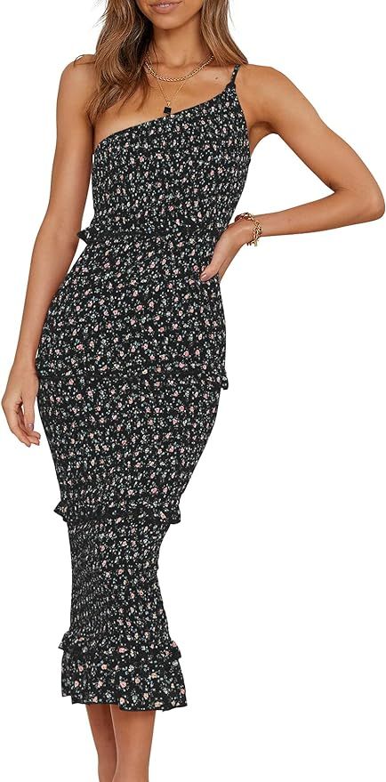 PRETTYGARDEN Women's Summer Midi Bodycon Dresses One Shoulder Strappy Tiered Ruffle Floral Boho S... | Amazon (US)