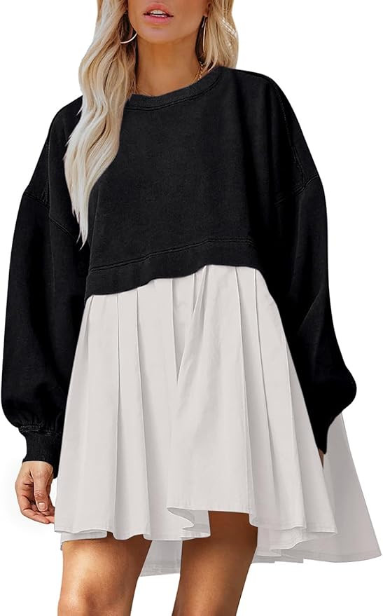 Dokuritu Sweatshirt Dress Women Crew Neck Long Sleeve Patchwork Pullover Tops Flowy Oversized Swe... | Amazon (US)