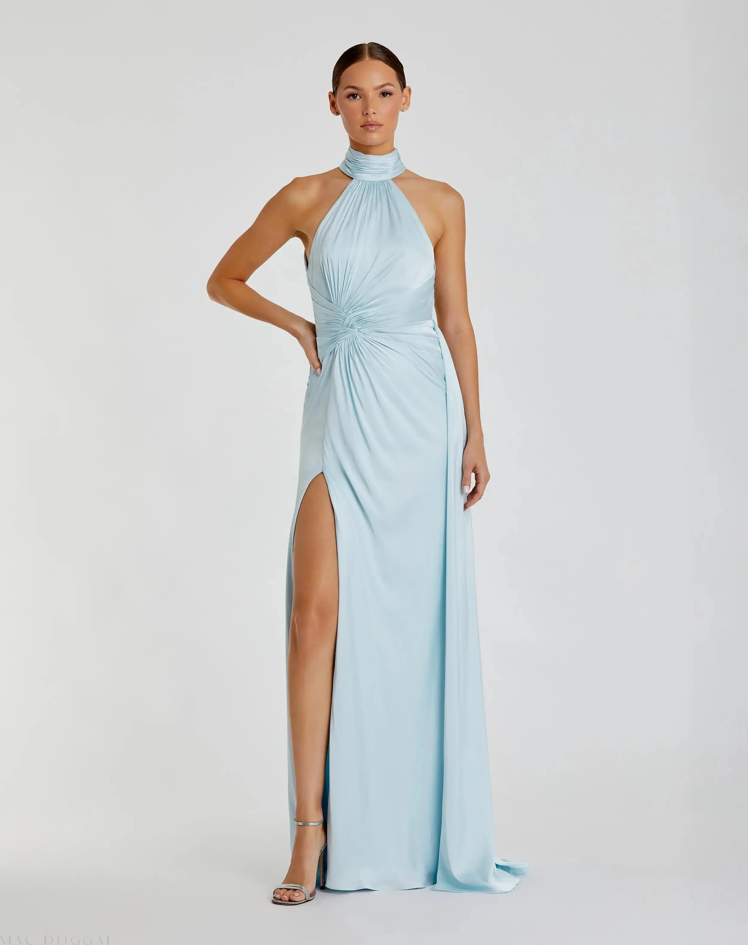 Light Blue Open Back High Neck Side Ruched Gown | Mac Duggal | Mac Duggal