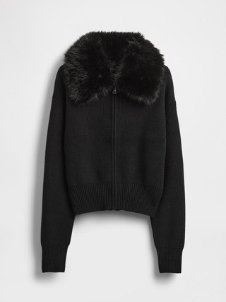 CashSoft Faux-Fur Collar Zip Cardigan Sweater | Gap (US)