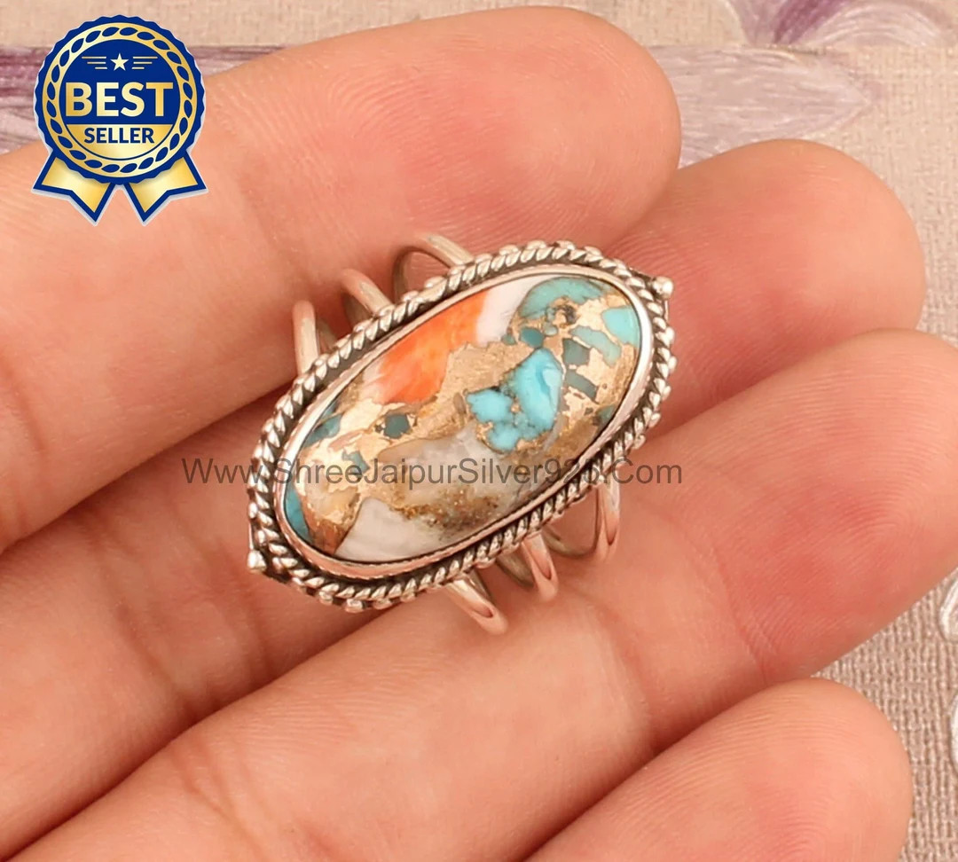Oyster Copper Turquoise Solid 925 Sterling Silver Ring for Women, Handmade Three Band Oyster Oval... | Etsy (US)