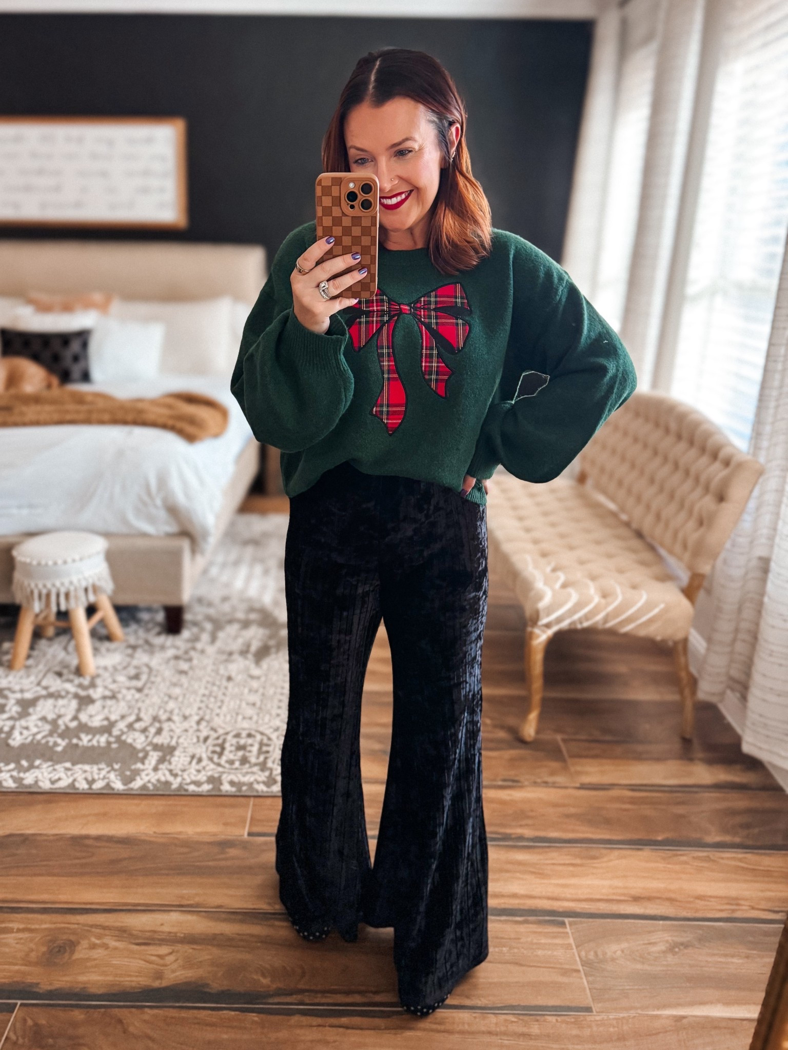 OBSESSED with this Christmas plaid bow sweater from Cupshe! Save 15% with DELIGHT15. And these Free People velvet flares are on SALE! I love them so much I bought both colors. 

#LTKSaleAlert #LTKHoliday #LTKShoeCrush