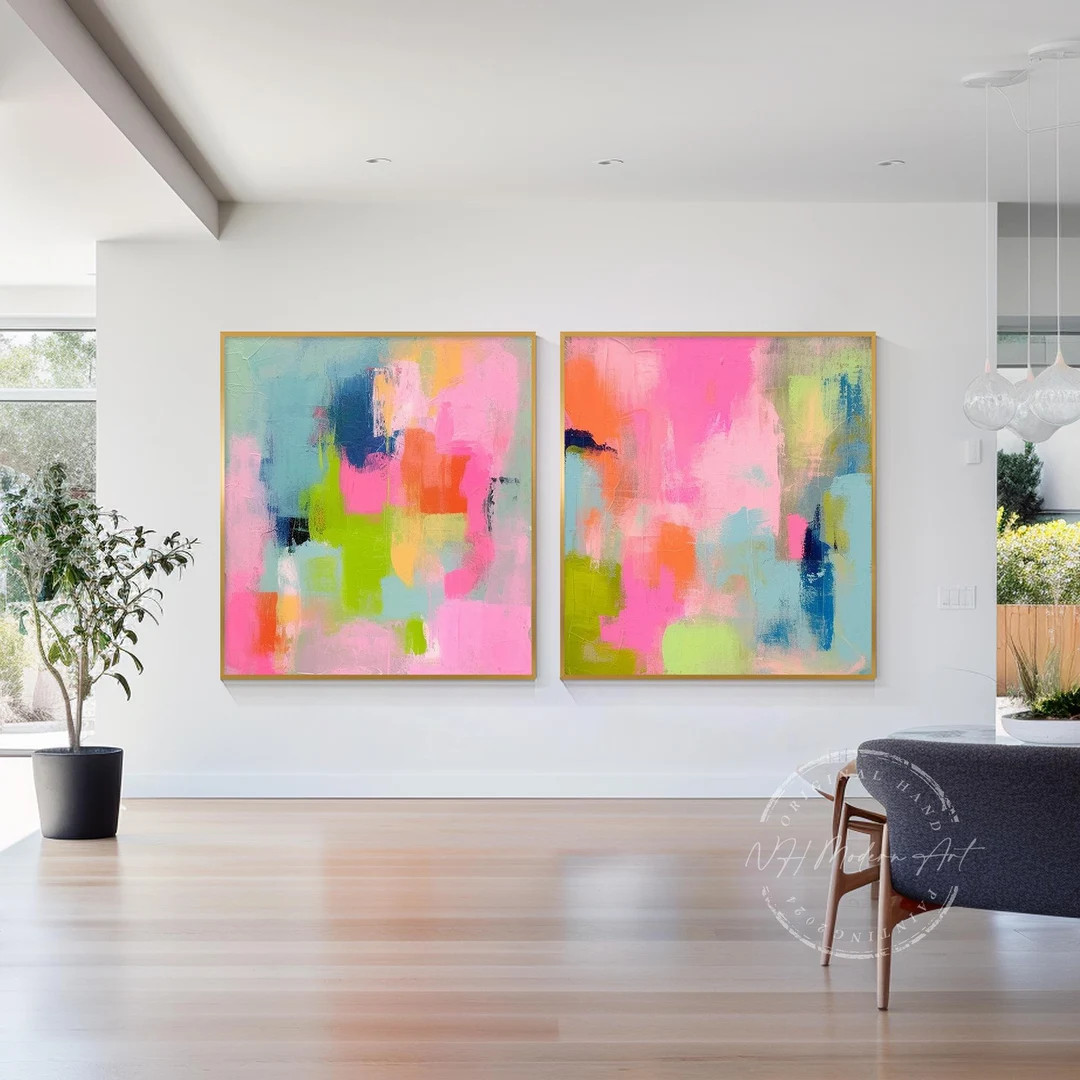 Set of 2 Large Square Abstract Modern Bright Pink Blue Brush Stroke Colorful Oil Painting on Canv... | Etsy (US)