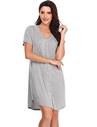 Lusofie Nightgown Women's Long Sleeve Nightshirt Boyfriend Sleep Shirt Button-up Lapel Collar Sle... | Amazon (US)