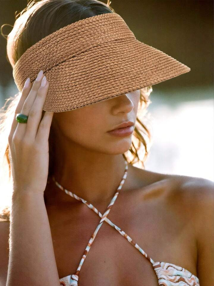 1pc Raffia Straw Sun Visor Hat, Tea Color | SHEIN