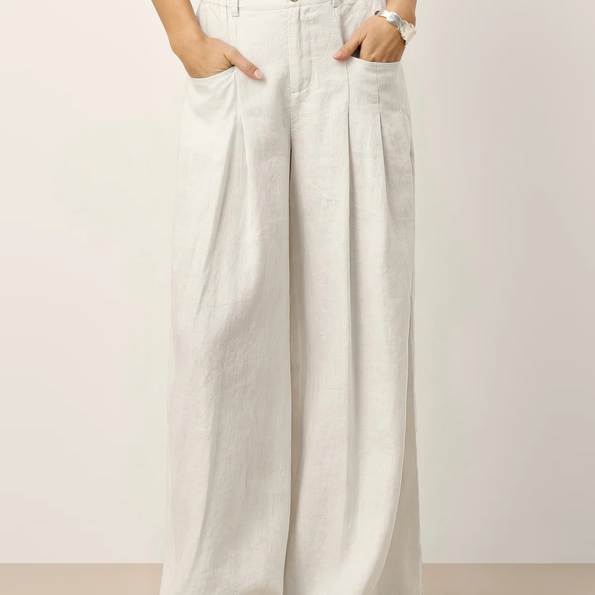 100% Linen Sculpted Pleat Elasticated Back Relaxed Pants VERIDIANA | LINTICO