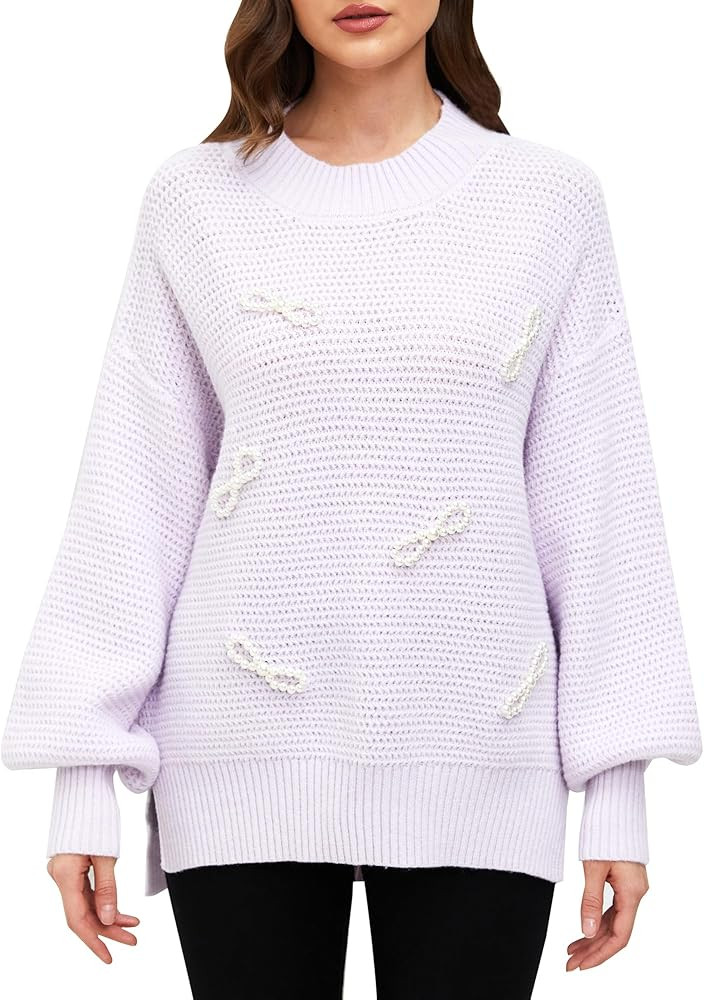 chunjiangz Original Design Oversized Sweatshirt Pearl Bow-Tie Long Sleeve Round Neck Side Slit Kn... | Amazon (US)