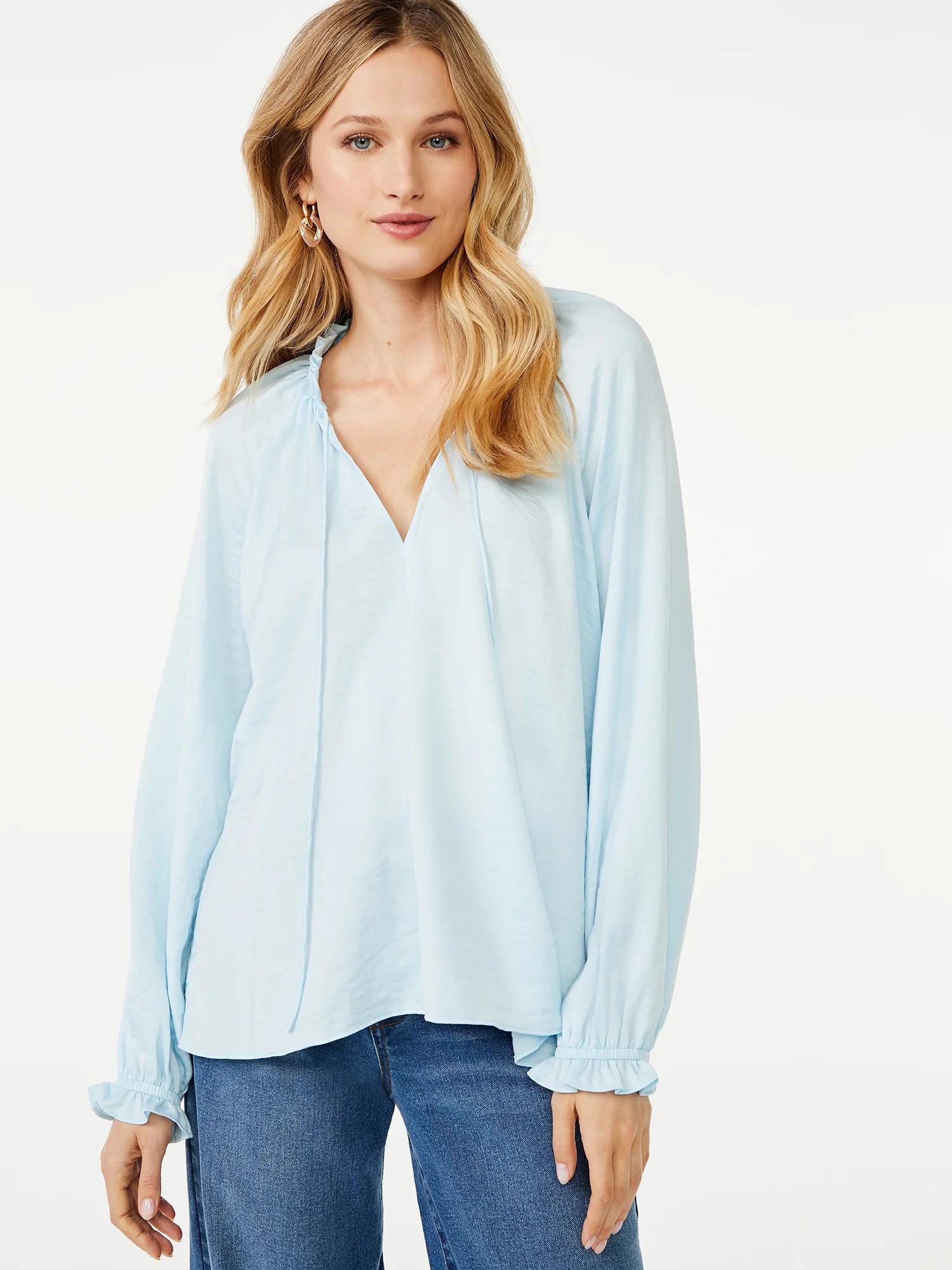 Scoop Women’s Woven Split Neck Top with Tie Neck | Walmart (US)