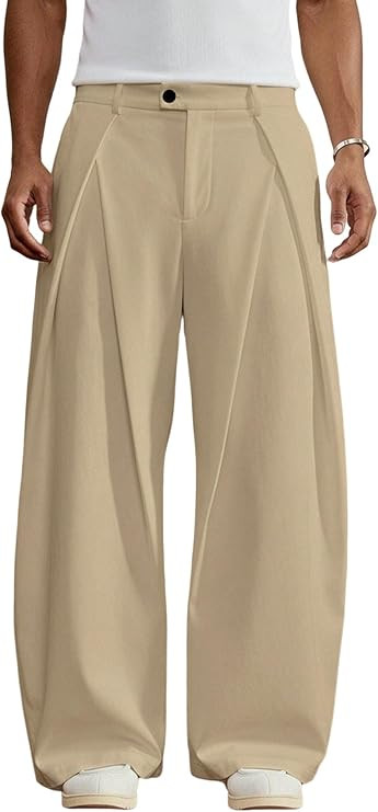 Men's Wide Leg Baggy Pants Zipper Fly Pleated Dress Pants Casual Business Suit Trousers with Pock... | Amazon (US)