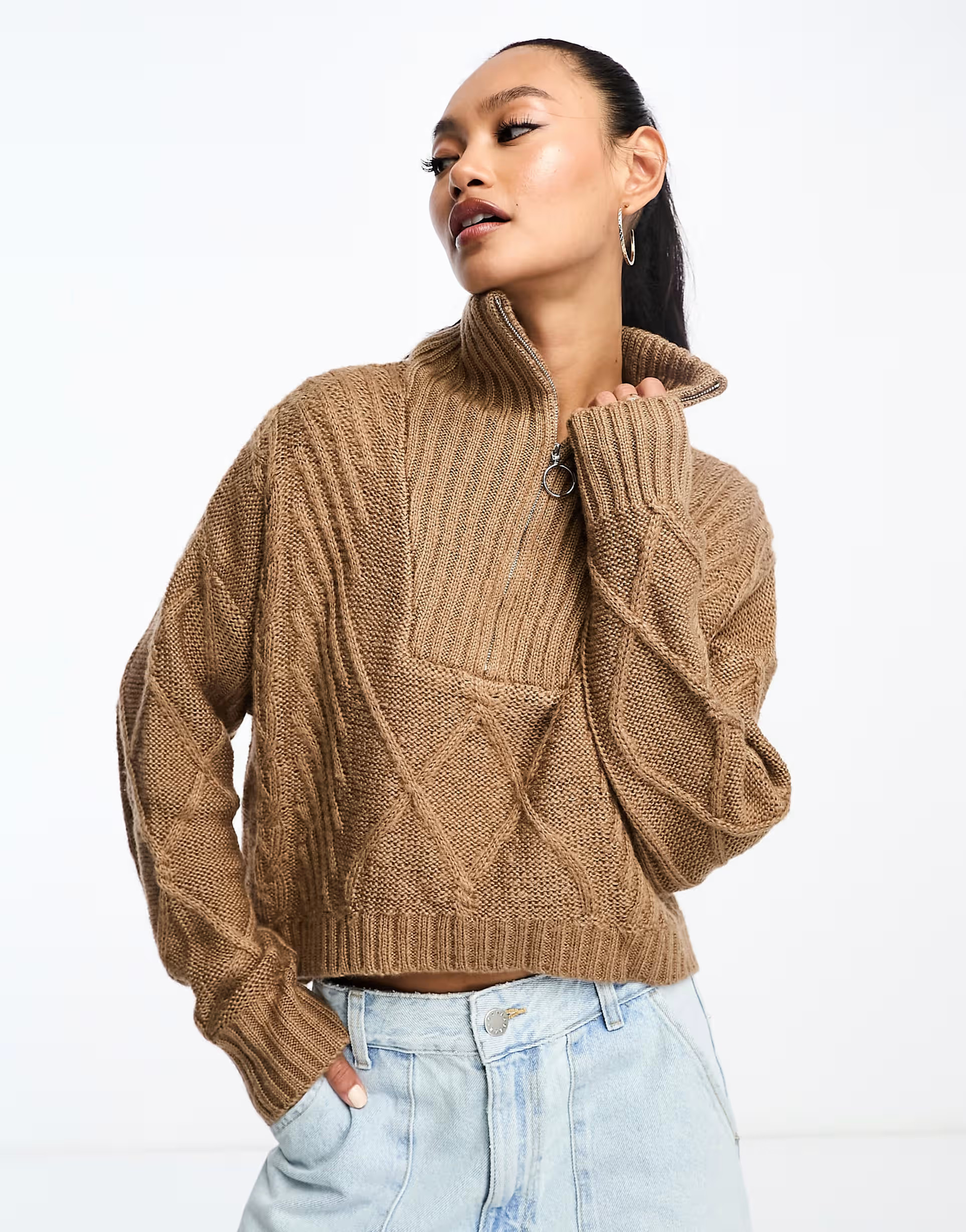 SNDYS cable knit wool mix half zip jumper in camel | ASOS (Global)