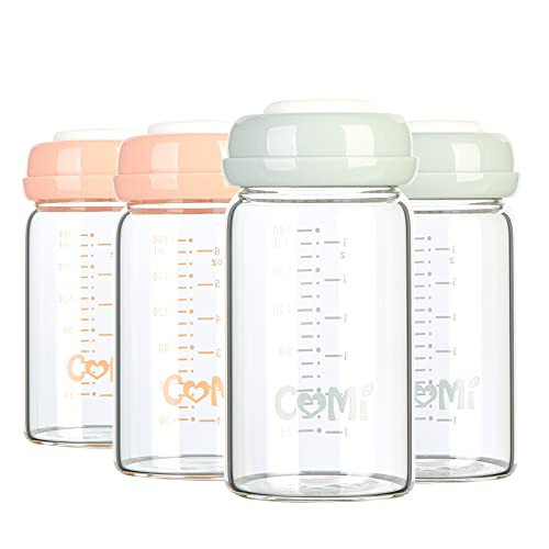 COMI Wide Neck Glass Breastmilk Collection n Storage Bottle, 4 Packs, 6oz with Screw Ring Sealing Disk; Re-markable Sealing Disc. BPA Free, Fits Breast Pumps & Nipples (2 Gray Lids + 2 Pink Lids) | Amazon (US)