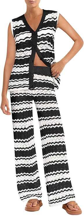 Imily Bela Womens 2 Piece Cover up Crochet Sets Striped Sleeveless Vest Tops Wide Leg Pants Summe... | Amazon (US)
