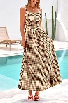 PRETTYGARDEN Women's 2026 Summer Spaghetti Strap Maxi Dresses Plaid Square Neck A Line Casual Bea... | Amazon (US)