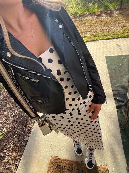 Polka dot altard state dress with cropped black leather jacket 🖤 wearing a size M in dress, size up as it was non-stretch! 

Workwear, birthday outfit, polka dots, altard state, maxi dress, midi dress, long dress, unique dress, blank nyc jeans, leather jacket, black leather jacket, cropped jacket, marc jacobs, marc jacobs purse, snapshot bag 

#LTKworkwear #LTKfindsunder100 #LTKstyletip