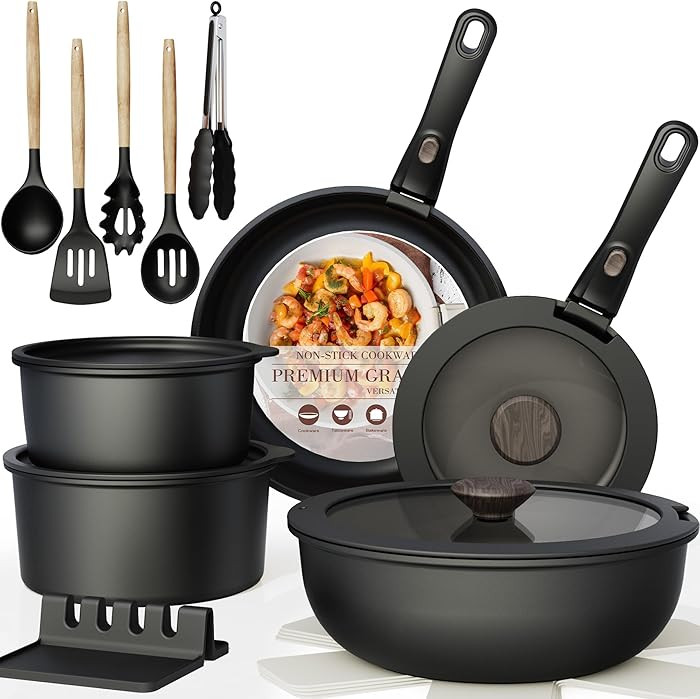 Astercook 21 Pcs Pots and Pans Set Non Stick, Ceramic Cookware Set Detachable Handle, RV Kitchen Cooking Set Removable Handles, Oven Safe, Induction Ready, Stackable, Black, Fathers Day Gift for Men | Amazon (US)