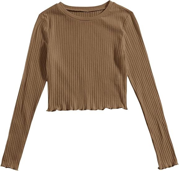 SweatyRocks Women's Long Sleeve Crop Top Ribbed Knit Lettuce Trim Tee Shirt | Amazon (US)