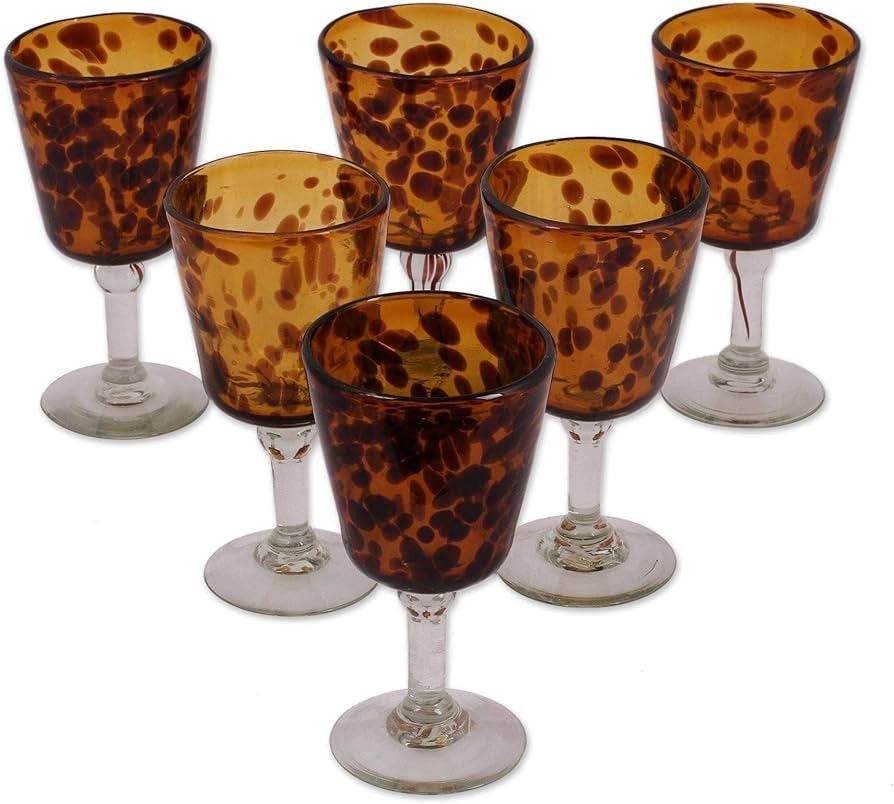 Handmade Wine Glasses Tortoise Shell Set Of 6 (Mexico) Brown Clear Glass | Amazon (US)