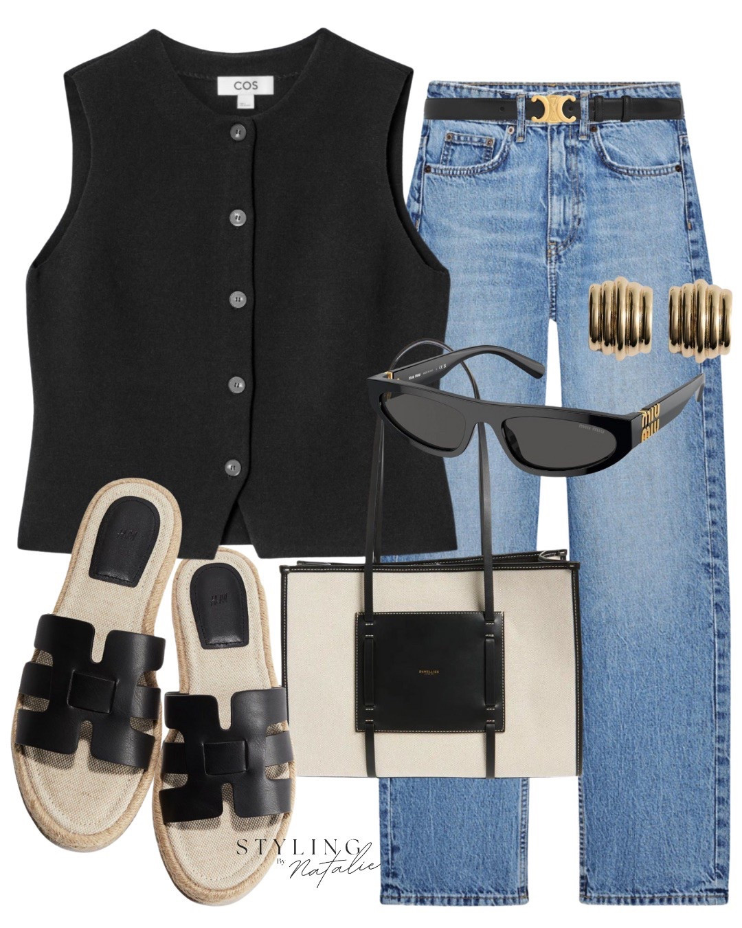Spring summer outfit, knit button up waistcoat, mom jeans, celine belt, espadrille sandals, Demellier tote bag, Miu Miu catseye sunglasses & gold jewellery 

#LTKAprilSpotlight #LTKuk #LTKsummer