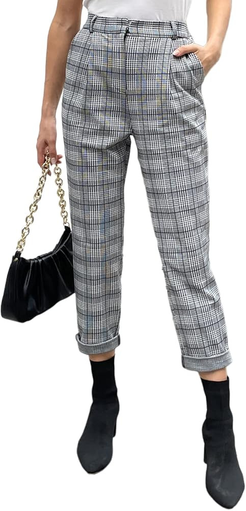GRACE KARIN Women's Casual Work Pants with Pockets Elastic Waist Plaid Pants | Amazon (US)