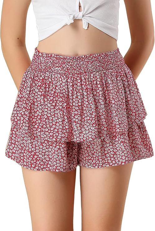 Allegra K Women's Floral Ruffle Smocked Waist Layered Skirt Shorts | Amazon (US)