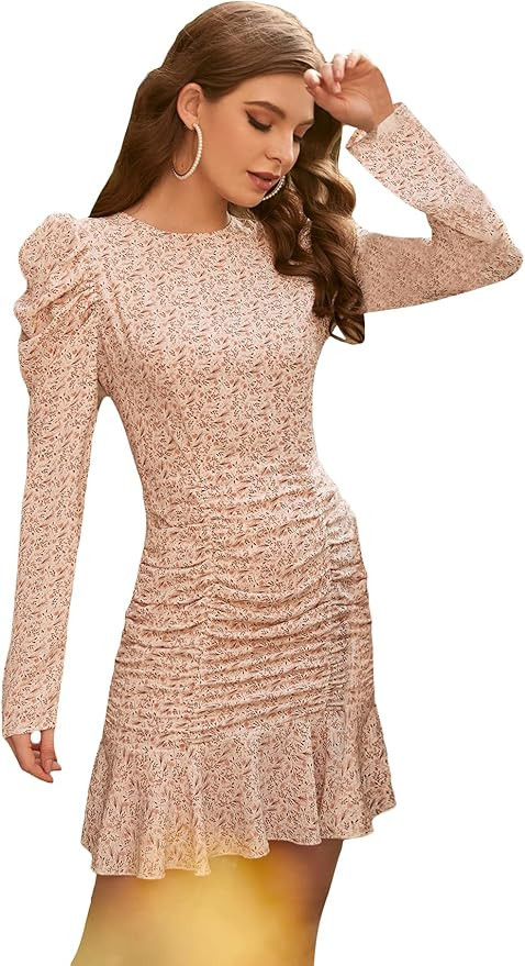 WDIRARA Women's Floral Ruched Ruffle Hem Long Sleeve Round Neck High Waisted Mini Dress | Amazon (US)