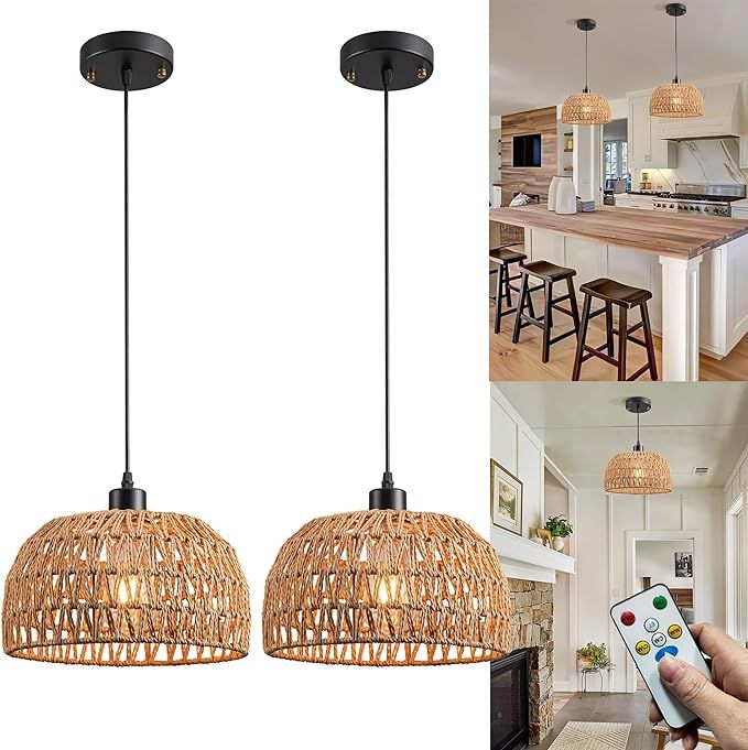Battery Operated Pendant Light With Remote,Battery hanging light Rattan Woven Chandelier No Wirin... | Amazon (US)