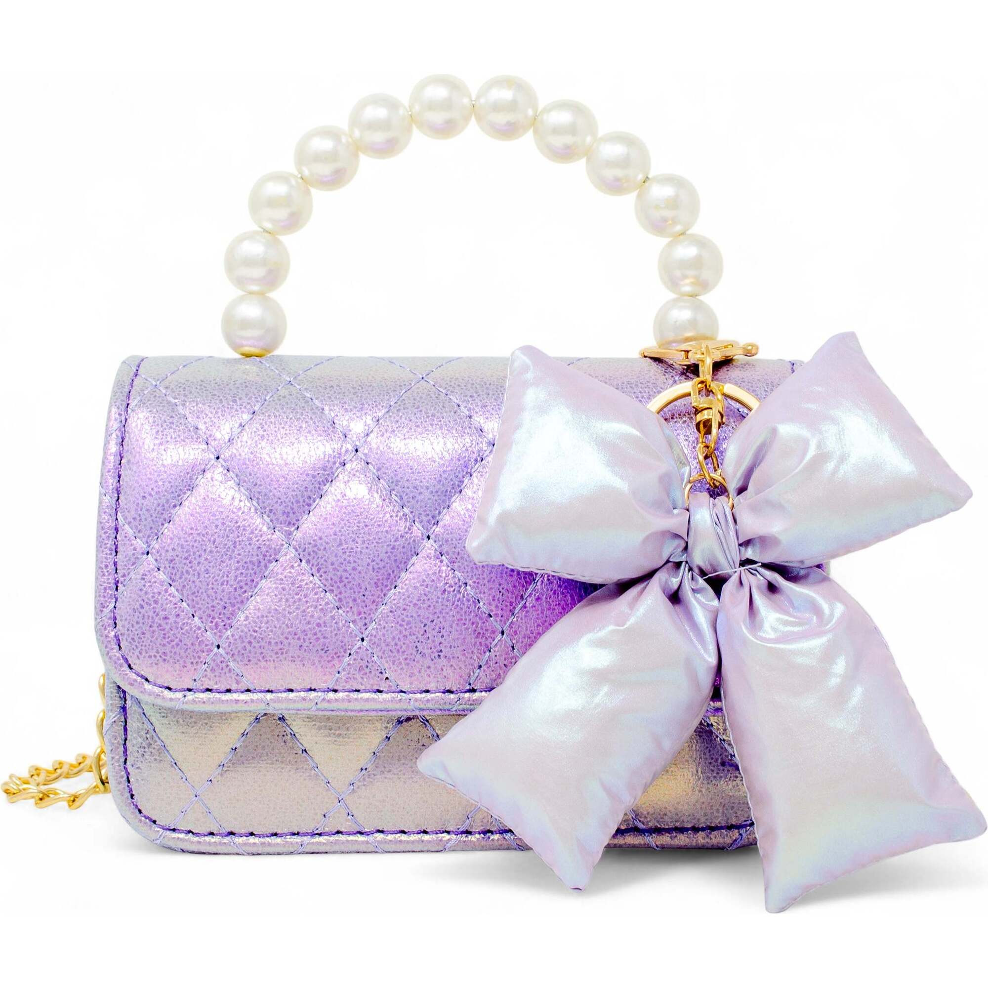 Shiny Quilted Fluffy Bow Handbag, Purple | Maisonette