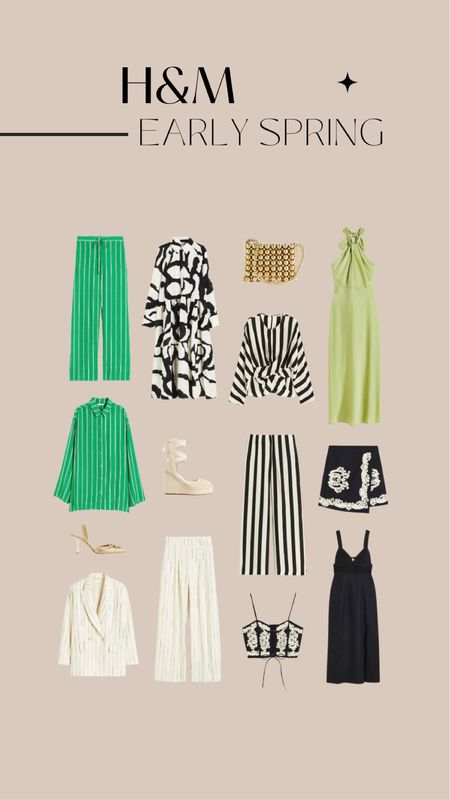 H&M Spring, H&M spring style, new in season, two piece sets, blazer coord, heeled Espadrilles, striped set, black dress, green satin satin halter neck dress, beaded bag 

#LTKeurope #LTKstyletip #LTKSeasonal