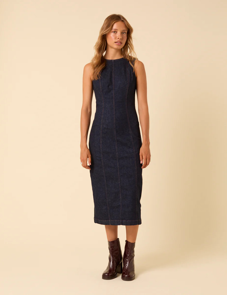 Dark Blue Denim Sleeveless Column Midi Dress | Nobody's Child