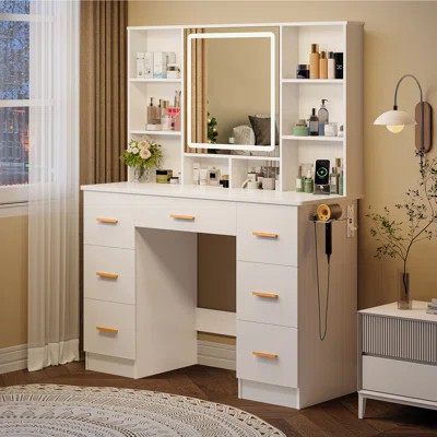 Vanity Desk With Mirror And Lights, Makeup Vanity With Openable Mirror And 7 Drawers, Dressing Table With Power Outlet And 3 Lighting Colors | Wayfair North America