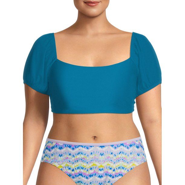 Time and Tru Women's and Women's Plus Puffed Sleeve Swim Top - Walmart.com | Walmart (US)