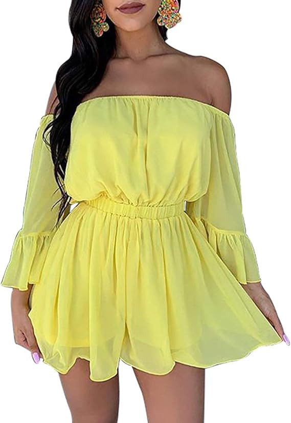 BIUBIU Women Fashion Ruffle Flare Sleeve Off Shoulder High-Waisted Chiffon Romper Shorts and Jump... | Amazon (US)
