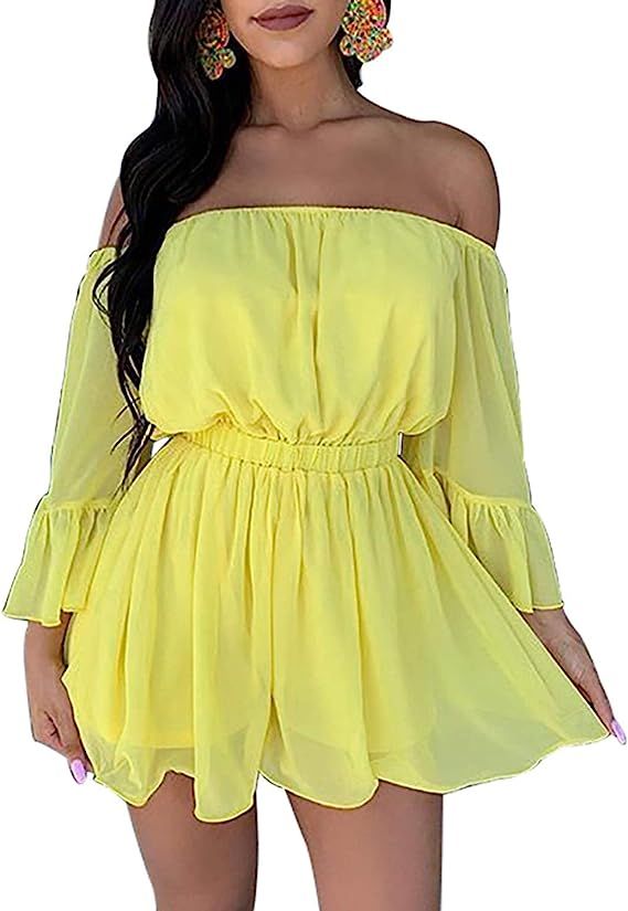 BIUBIU Women Fashion Ruffle Flare Sleeve Off Shoulder High-Waisted Chiffon Romper Shorts and Jump... | Amazon (US)